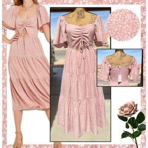 PinkBlush Dusty Rose Ditsy Floral Tiered Ruffle Midi Dress Size: S NWT